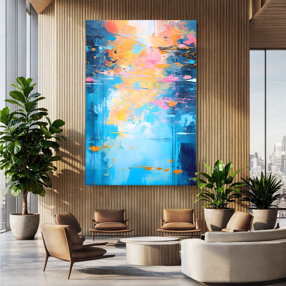 Tablou canvas cu pictura abstracta cu reflexii colorate, fara rama, pe sasiu de lemn, pe perete intr-un birou